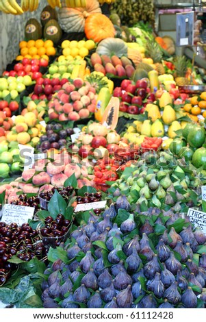 Fruit on sale La Boqueria food market in Barcelona Catalonia Spain Europe
