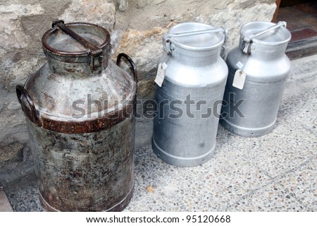 Old milk cans, Morella medieval village in Els Ports; Castellon province; Spain;