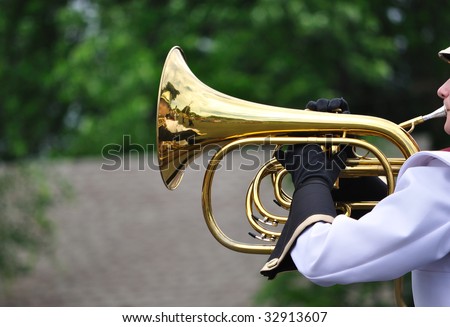 Performer Playing Mellophone (Marching French Horn) in Parade, Copy Space