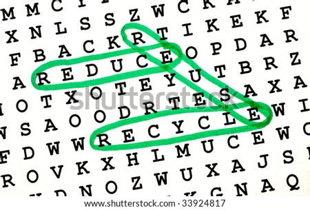 The Words REDUCE, REUSE, RECYCLE on Word Search Puzzle Circled in Green Ink