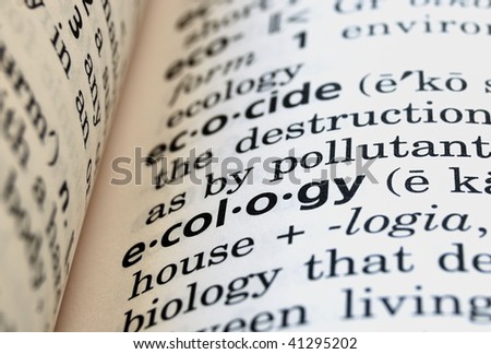 The word ecology in a dictionary, close up