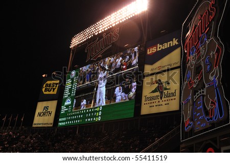 MINNEAPOLIS, MN - JUNE 15: View of Joe Mauer on Target Field Scoreboard at night during a Major League Baseball game vs the Colorado Rockies and the Minnesota Twins on June 15, 2010 in Minneapolis, MN