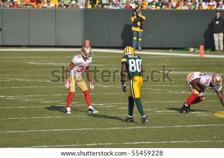 GREEN BAY, WI - NOVEMBER 22 : Green Bay Packers receiver Donald Driver lines up for a play in a game at Lambeau Field against the San Francisco 49ers on November 22, 2009 in Green Bay, WI