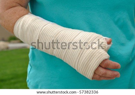 Injured Hand and Arm Wrapped in an Elastic Bandage