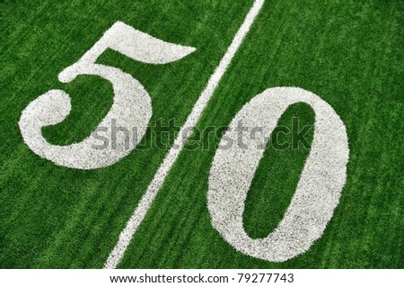 View From Above of 50 Yard Line on American Football Field With Artificial Turf