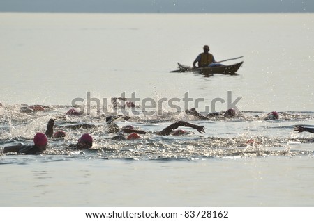 BAYFIELD, WI - AUGUST 6: Start of a Women\'s Open Water Swim Race on Lake Superior on August 6, 2011 near Bayfield, Wisconsin