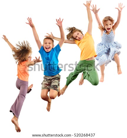 Group of happy cheerful sportive barefoot children kids jumping and dancing. Kids group portrait isolated over white background. Childhood, freedom, happiness, dance, movement, action, sport concept.