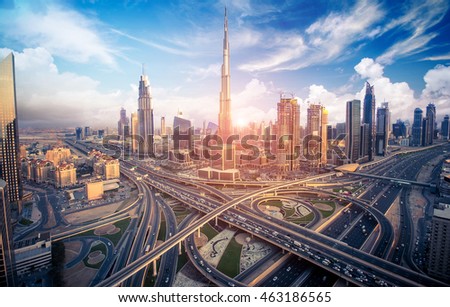 Dubai skyline with beautiful city close to it\'s busiest highway on traffic