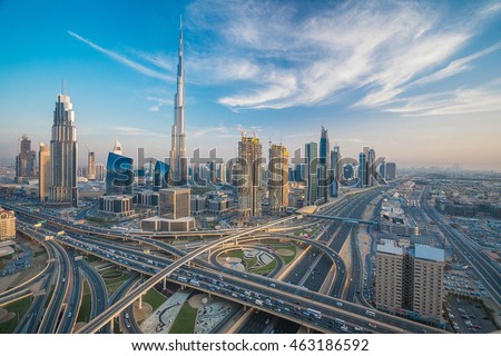 Dubai skyline with beautiful city close to it\'s busiest highway on traffic