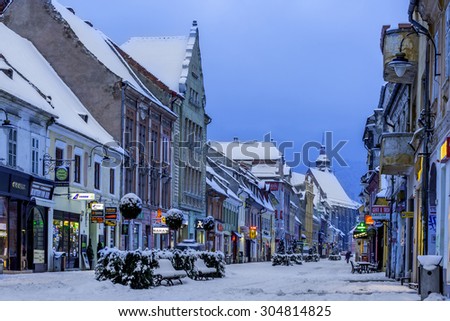 Brasov, Transylvania, Romania - December 28, 2014: A view of one of the main streets in downtown Brasov