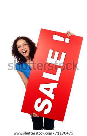 Woman smiling with red sale sign billboard isolated on white background