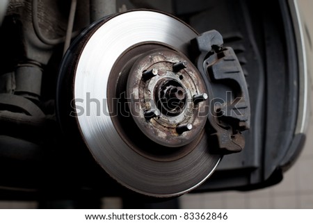 Closeup of brake disc mounted on car