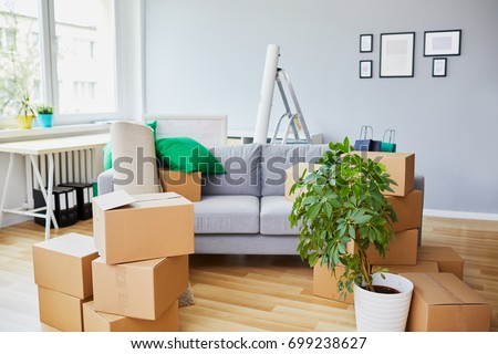 Conceptual shot of home interior during move-in with sofa in the middle and boxes lying around