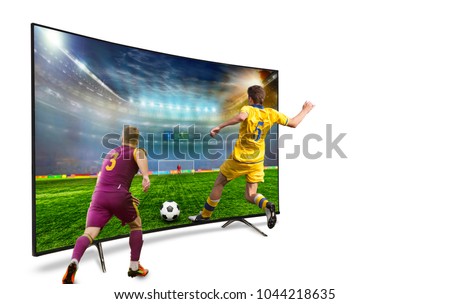 4k monitor isolated on white. Isometric view.   monitor watching smart tv translation of football game.