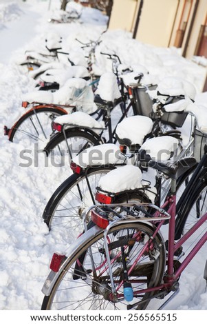 Parked Bicycles in the snow at winter