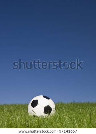 Black and white football in green grass.