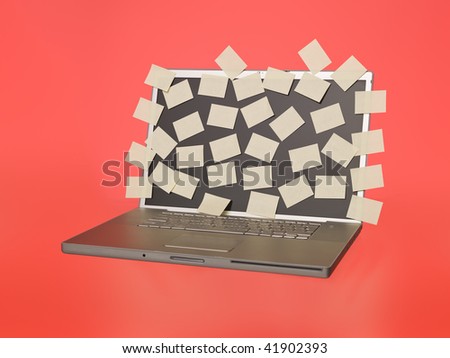 Grey laptop overflowed with empty post-its isolated