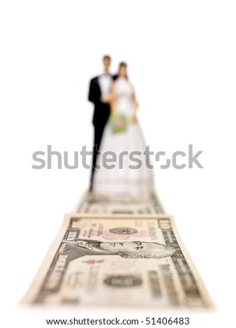 stock photo Wedding couple in front of a Dollar bank note isolated on 