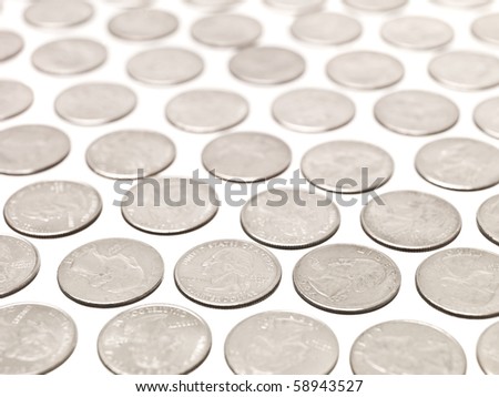 Arranged Quarter coins on white background