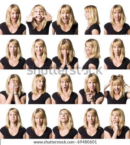 Twenty portrait of a woman with different expressions - stock photo