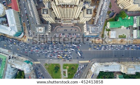 Aerial view on the Russian Ministry of foreign affairs. 90 from the top view. Moscow traffic jams from the top. Arbat street.