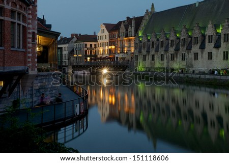Butcher's Hall in the ancient town of Ghent at dawn.