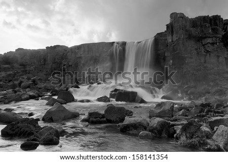 Oxararfoss waterfall in black&white, Iceland.