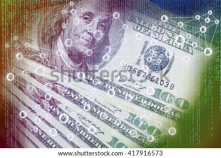 Cyptocurrency or digital money concept image. Double exposure of US Dollar banknotes, and abstract digital code background, Representing the Fintech innovation.