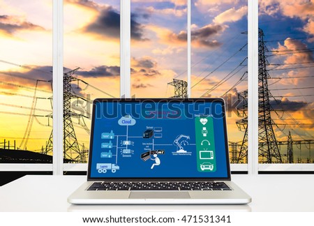 Industry 4.0 and Smart manufacturing concept. Laptop computer with Industrial 4.0 process diagram on screen  against the industrial infrastructure background.