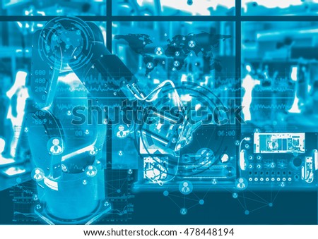 Industry 4.0 concept image. Robot arm and industrial instruments in the factory with cyber and physical system icons.