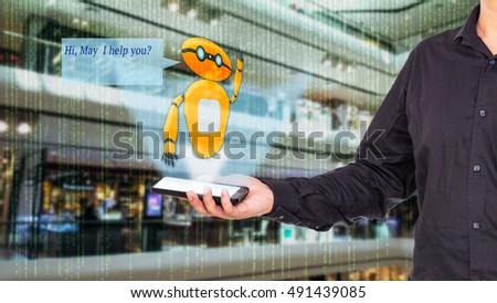 Augmented reality chatbot for retail business concept. Man holding smart phone with A/R chatbot and greeting message on blur department store background.