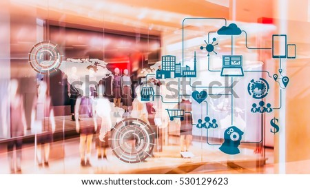 Marketing Data management platform concept image. Data collection icons on abstract Fashion stroe background.