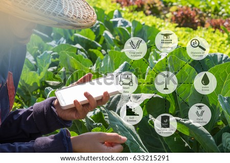 Agricultural technology and organic agriculture concept. Agritech icons and messages on farmer holding smart phone in vegetable filed.