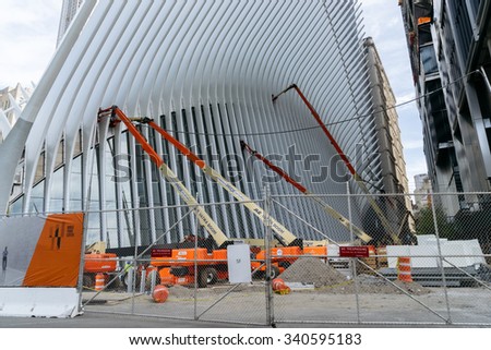 NEW YORK, USA - SEPT 21, 2015: Future Transport Terminal, which is now being built under the project of Calatrava on the site of the World Trade Center in New York City.