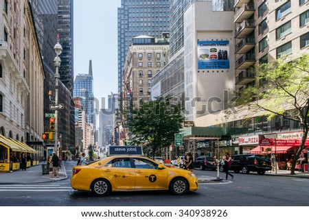 New York, USA - September 20, 2015: Moving taxi on the streets of New York