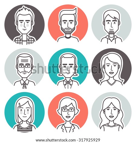 People outline vector set. Linear vector people avatar collection. Men,women and children user pics icons for social media and web design.
