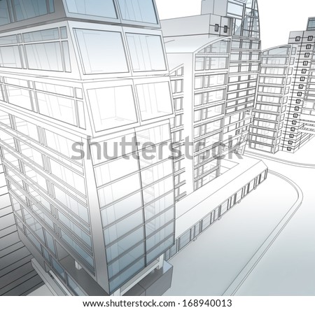 Sketch of a city street, business center.