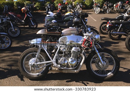 PORTLAND, OREGON - SEPTEMBER 27: Different types of motorcycles park at the Distinguished Gentleman\'s Ride, a global fundraiser for prostate cancer on September 27, 2015 in Portland, Oregon.