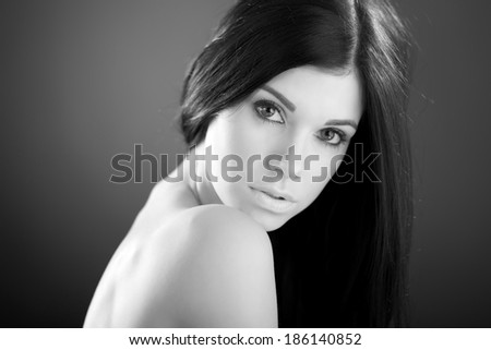 Woman with beauty long brown hair - black and white shoot
