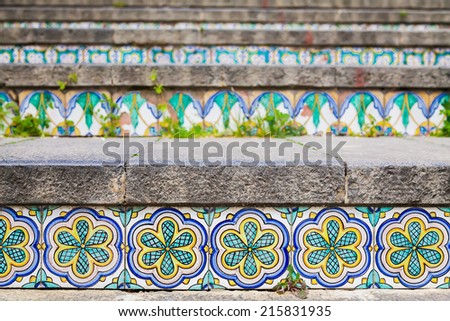 close-up ceramic tiles on the staircase Santa Maria del Monte at Caltagirone, Sicily