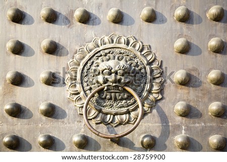 Old bronze lion door knocker on the door