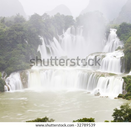 The waterfall in fog.The great detian waterfall, Guangxi,China