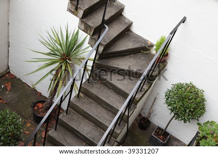 Stairs leading into a small patio, effectively a very small front garden in a city centre