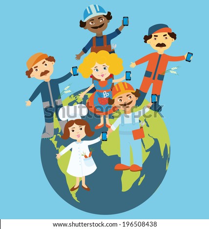 Flat design illustration of cartoon people standing on the globe holding mobile phones in their hands. Cartoon people representing different occupations and ethnic gropes. Info graphic  elements .