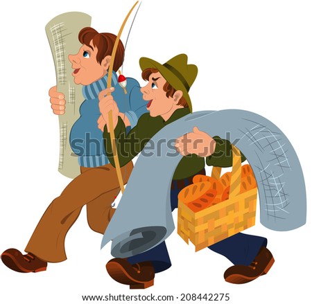 Illustration of cartoon people isolated on white. Two cartoon men walking together after shopping.