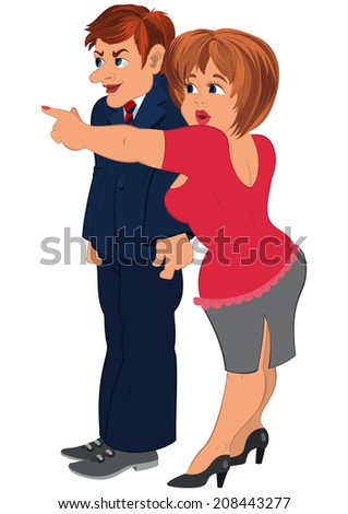 Illustration of cartoon people isolated on white. Cartoon fat woman with man in blue suit points with her finger.