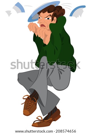 Illustration of cartoon people isolated on white. Cartoon man in green jacket hit by plate.