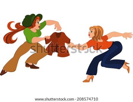 Illustration of cartoon people isolated on white. Two cartoon girls fighting over brown jacket.