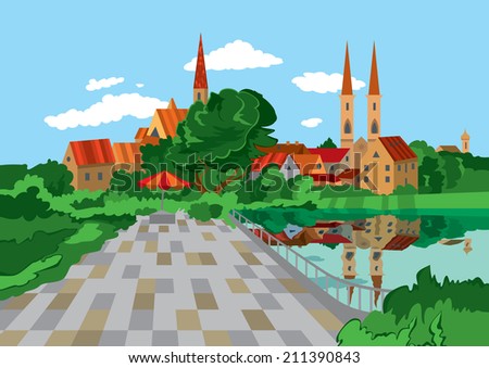 Illustration of cartoon landscape. Cartoon park near the lake.