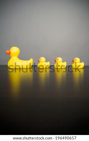 Mother rubber ducky and three rubber ducklings against a plain background.